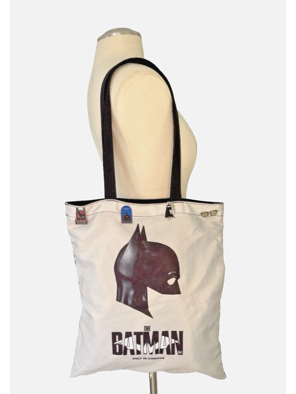 Batman Movie Canvas Black White Tote Bag 2021 with Set of 4 Enamel Pins EUC